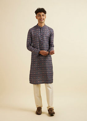 alt message - Manyavar Men Dark Blue Jaal and Medallion Patterned Kurta image number 2